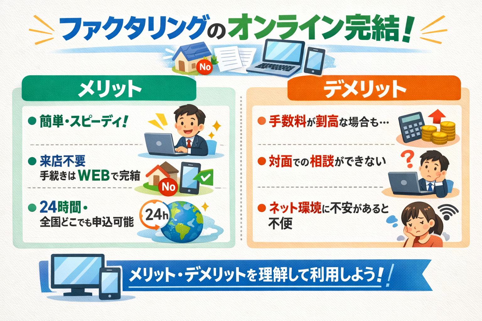 ファクタリングのオンライン完結!メリットとデメリットは?